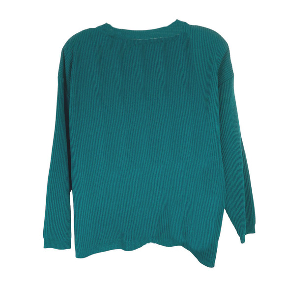 Vintage Michael Carrie Sz L Teal Chunky Ribbed Channel Knit Cardigan Sweater - Picture 6 of 6
